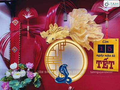 Vòng treo cửa Tết Quạt đỏ hoa Thiên Điểu [Đa dạng chữ - Quạt gỗ] QUAT-08
